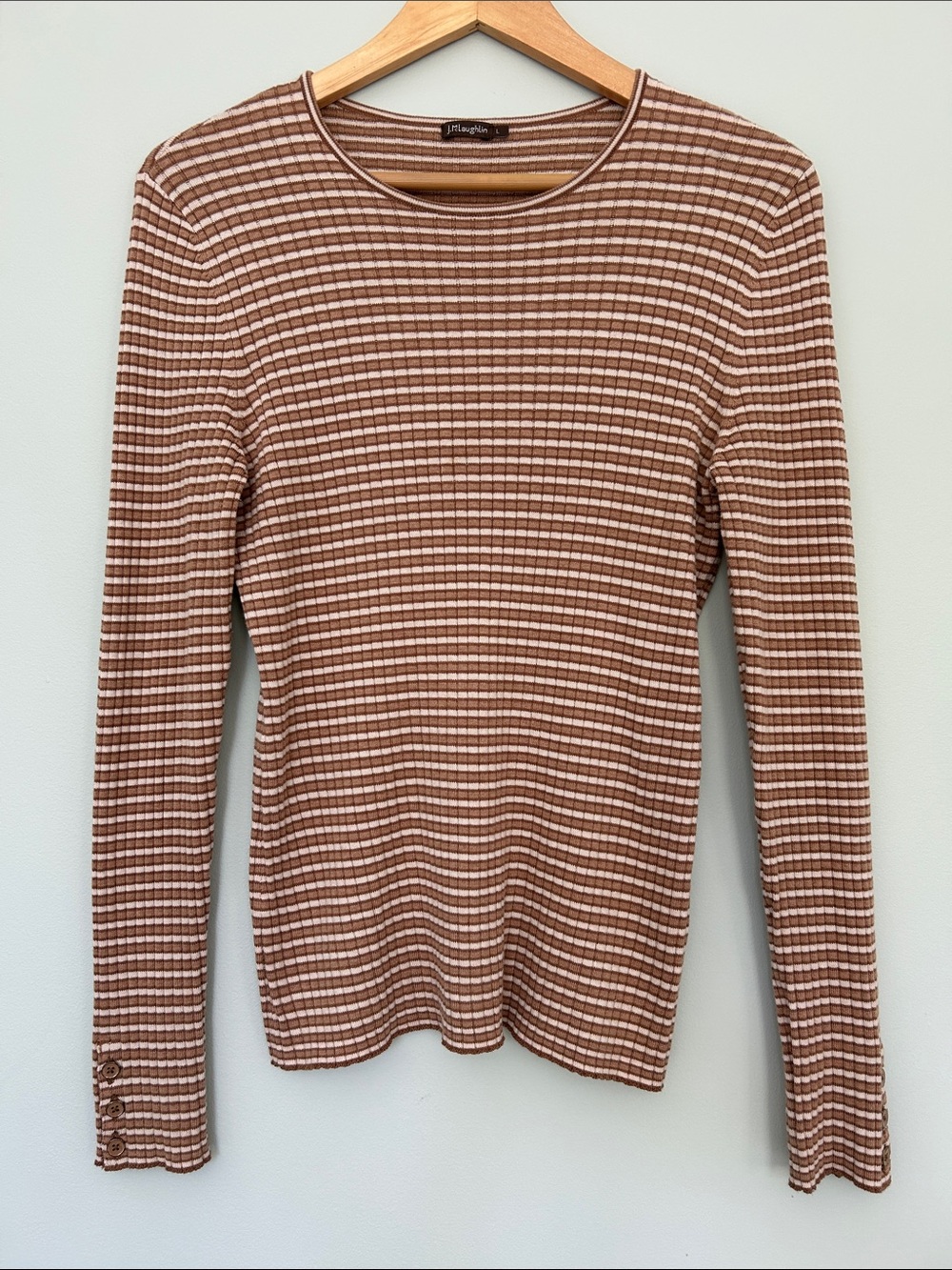 J. McLaughlin Brown and Cream Striped Long-Sleeve Ribbed Tee